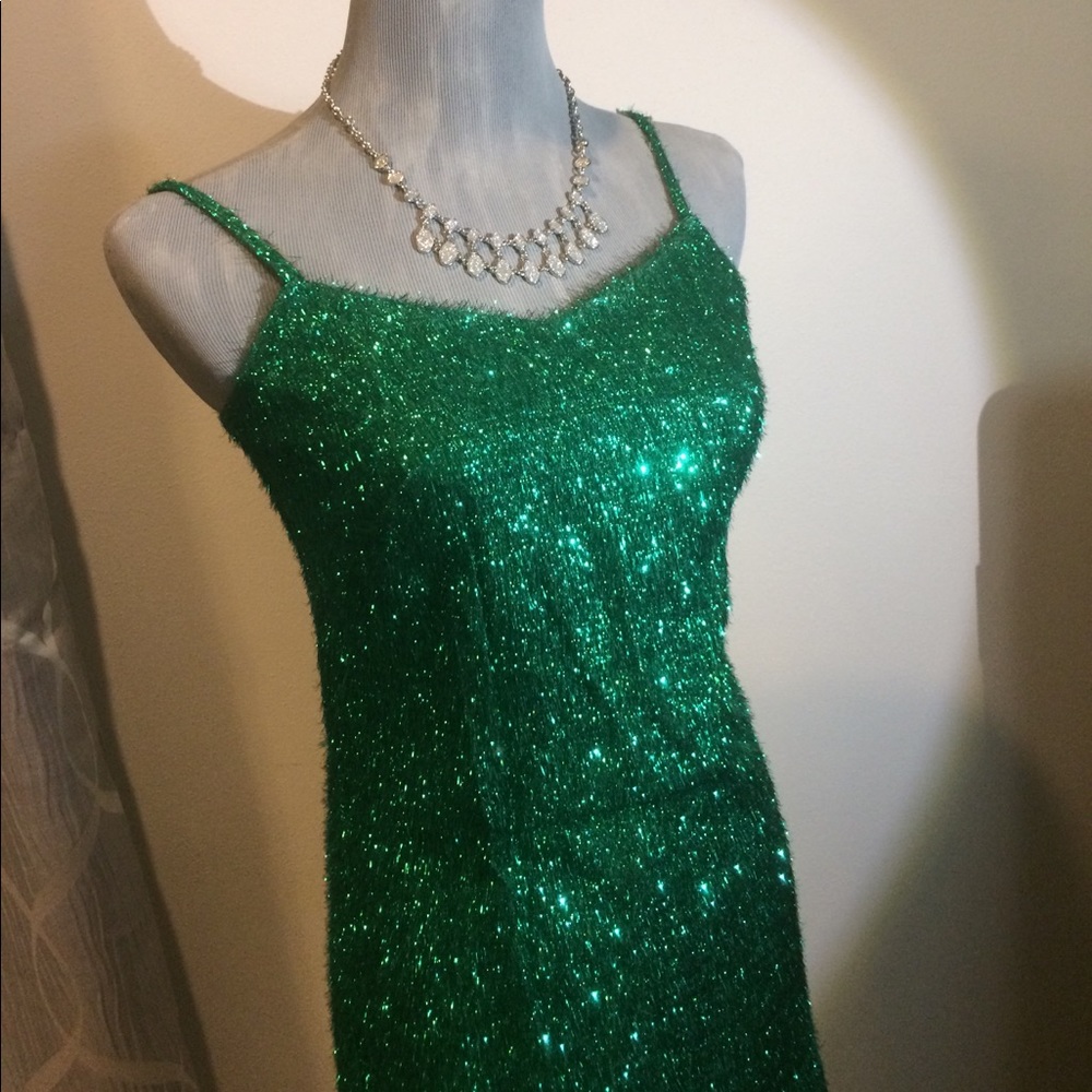 Vintage 1970s Emerald green tinsel mini dress
